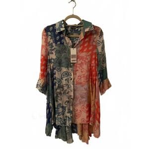 NEW SHANA APPAREL women's high low button down shirt in blue multi